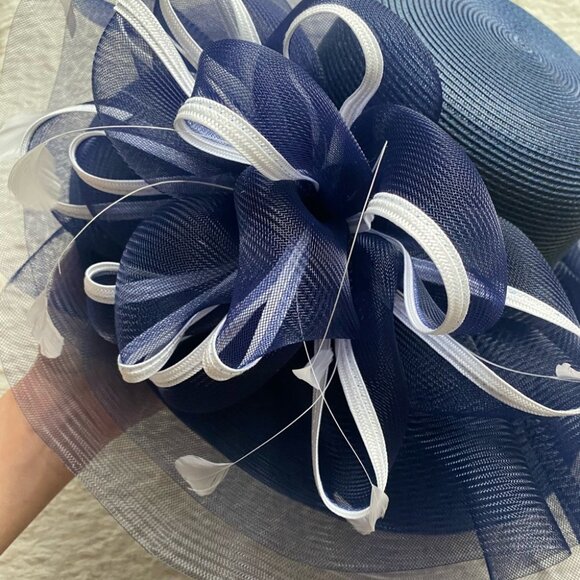 NEW Derby Hat Church Formal Dress Navy Royal Blue and White Feather Fascinator - Picture 7 of 10